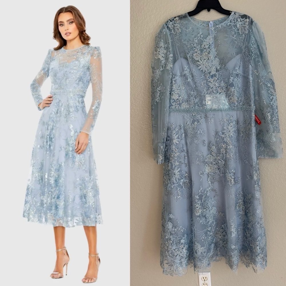 MAC DUGGAL
Blue Embellished Illusion Long Sleeve Midi Dress 68020